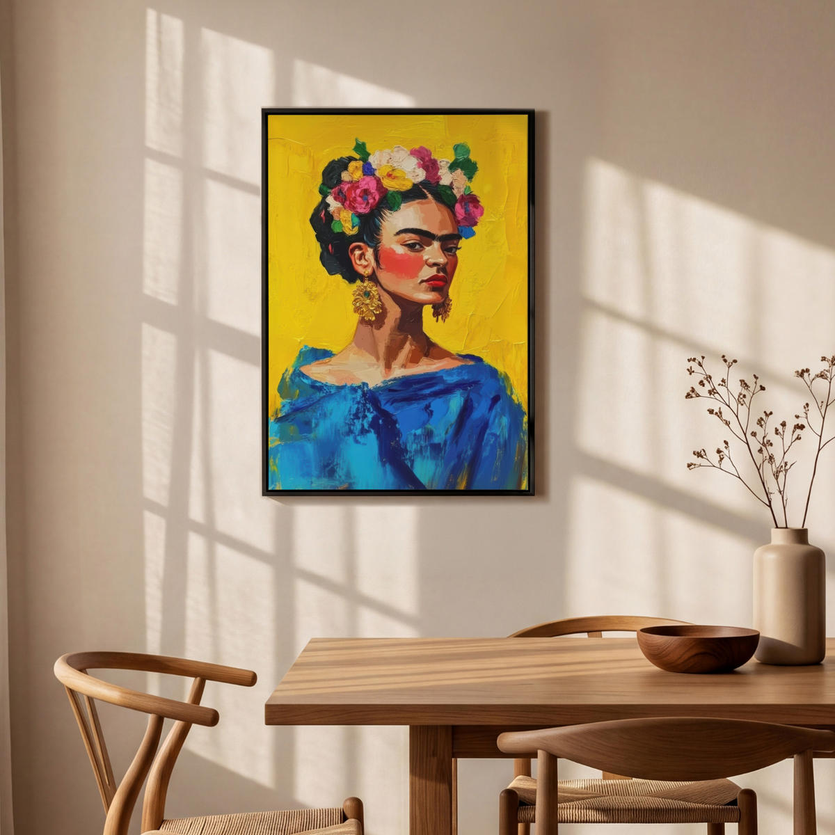 LEINWAND Bilder mit Rahmen - Frida Kahlo - Frau - Gelb - Blau - Blumen - 60x90 - Gelb, Textil (60/90cm) - MuchoWow
