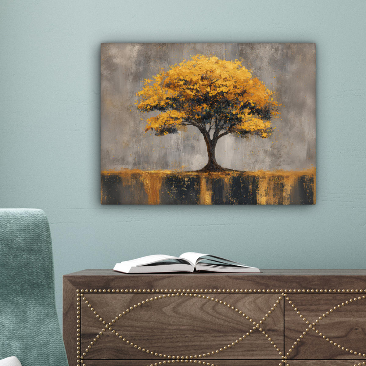 LEINWANDBILD Baum - Blätter - Gold - Abstrakt Wandbild 40x30 cm - Grau, Textil (40/30cm) - MuchoWow