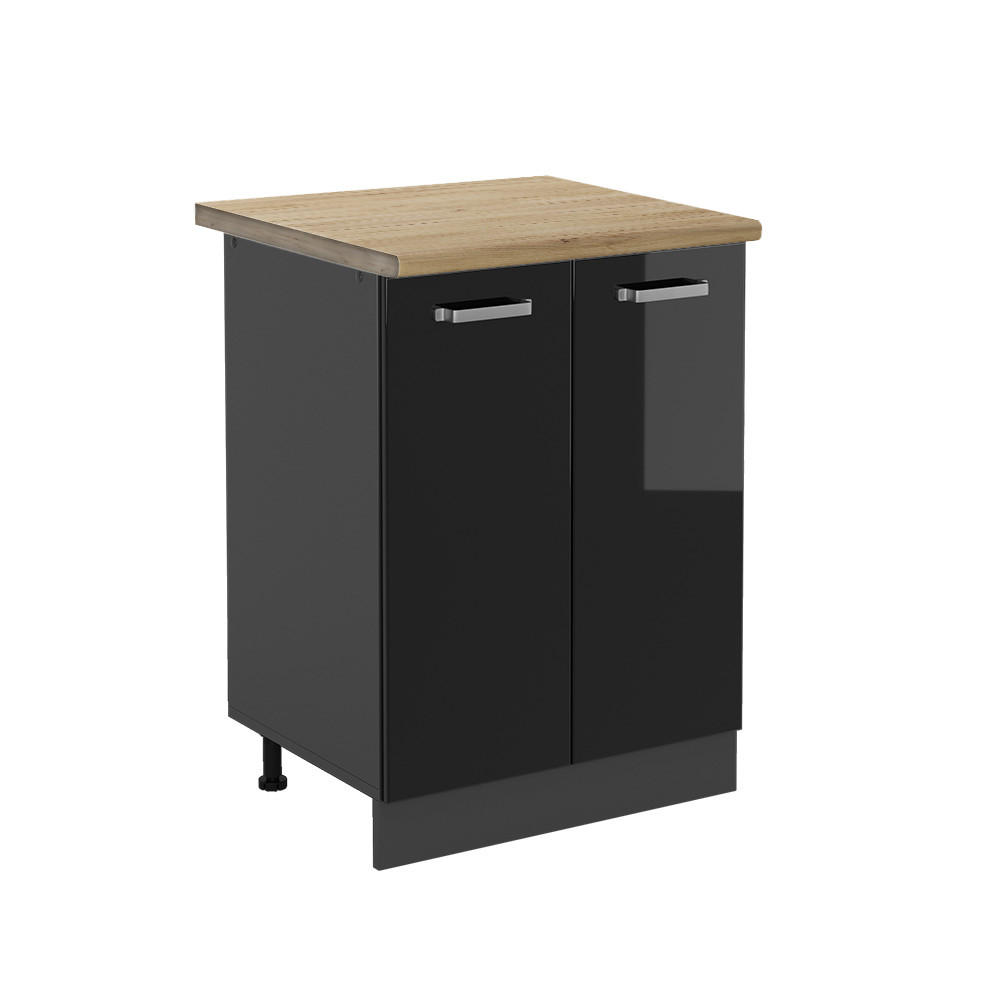 KÜCHENUNTERSCHRANK R-Line Schwarz Hochglanz 60 cm, AP Eiche - Schwarz Hochglanz/Anthrazit, Holzwerkstoff (60/81.6/60cm) - Vicco