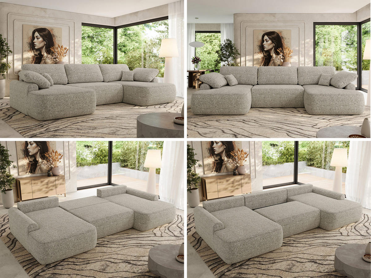 WOHNLANDSCHAFT CUBO U Beige Struktur - Beige/Schwarz, Kunststoff/Textil (370/100/187cm) - MKS