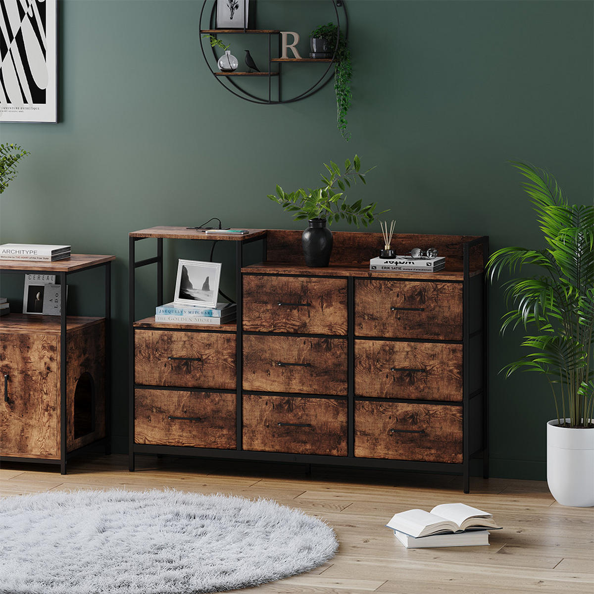 SIDEBOARD Brian Eiche rustikal 132 x 30 cm mit 8 Schubladen und USB - Eichefarben/Schwarz, Holzwerkstoff (88/30/132cm) - Vicco