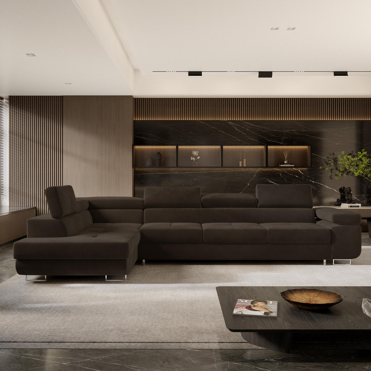 ECKSOFA VICENTE Braun Velours-Stoff mit Schlaffunktion - Braun, Holz (346/202cm) - MASSENO