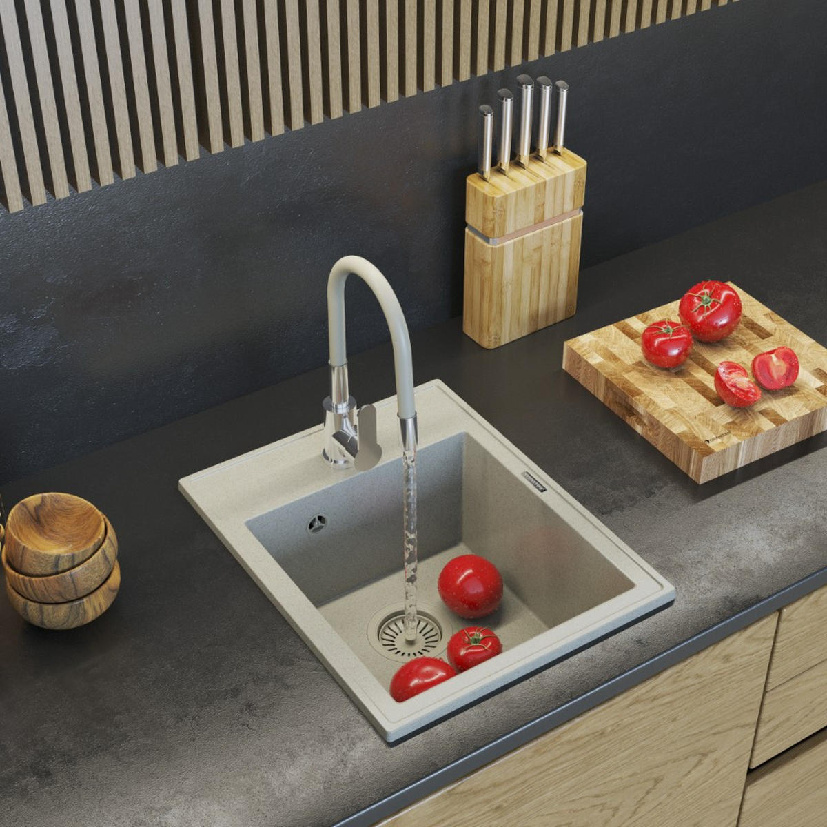 GRANITSPÜLE Nero mit Batterie und Siphon - Beige, Kunststoff/Stein (50/20/40cm) - Granitan