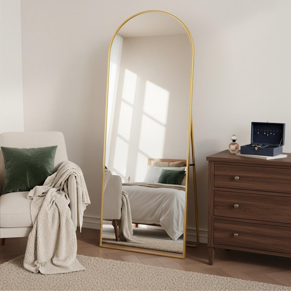 GANZKÖRPERSPIEGEL Bogen-Design mit U-Standfuß & Aluminiumrahmen 165/60 cm Gold - Goldfarben, Glas/Metall (60/165/3cm) - Creahappy