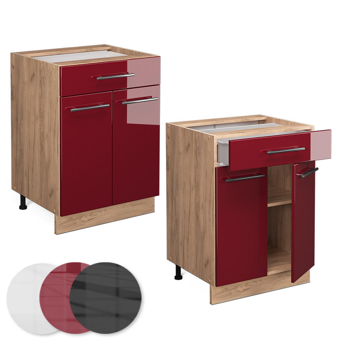 KÜCHENUNTERSCHRANK Fame-Line Bordeaux Hochglanz 60 cm mit Schublade AP Eiche - Bordeaux/Eiche Wotan, Holzwerkstoff (60/82/60cm) - Vicco