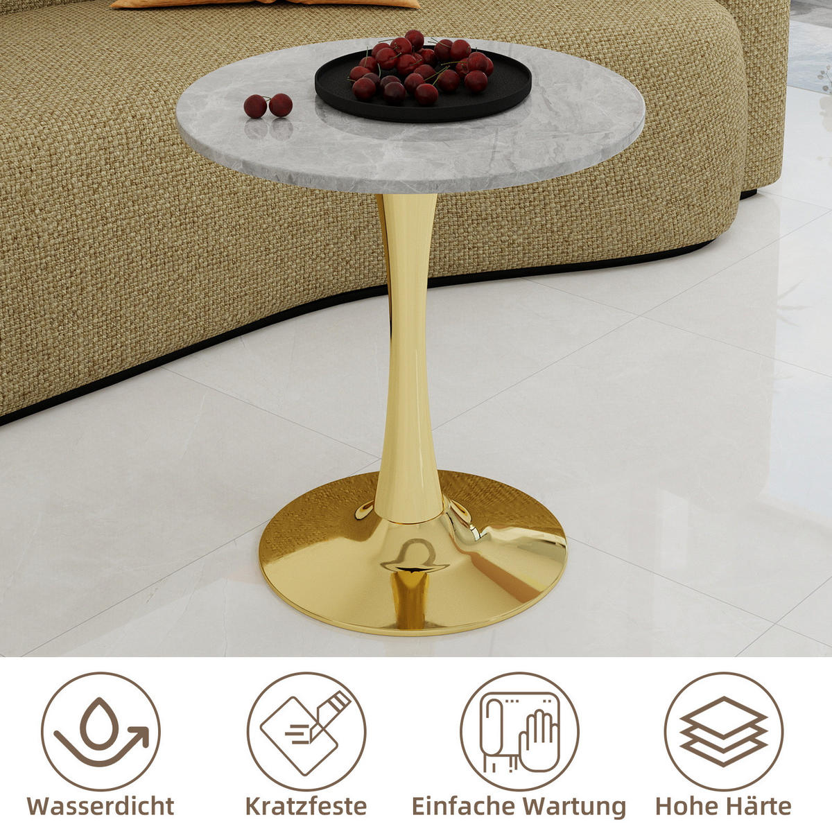 BEISTELLTISCH 70/70/72 cm vielseitig einsetzbar mit runder Marmoroptik und modernem Design, Goldfarben - Goldfarben, Stein (70/70/72cm) - Redom