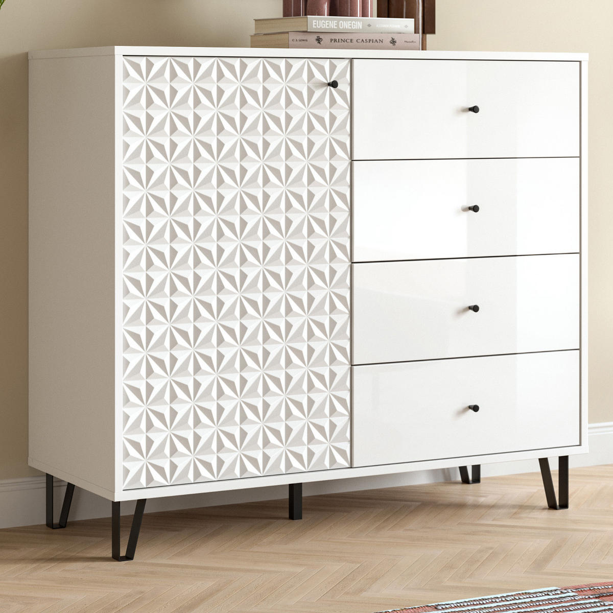 KOMMODE weiß Hochglanz 110 x 96 cm, Sideboard mit 3D-Struktur - Weiß Hochglanz/Schwarz, Holzwerkstoff/Kunststoff (110/96/40cm) - Inn.Furn