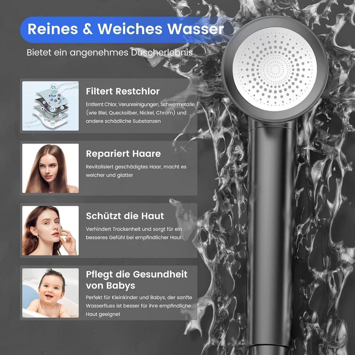 HANDBRAUSE mit Filtersystem Grau 3 Strahlarten - Grau, Kunststoff (9/12.7/27cm)