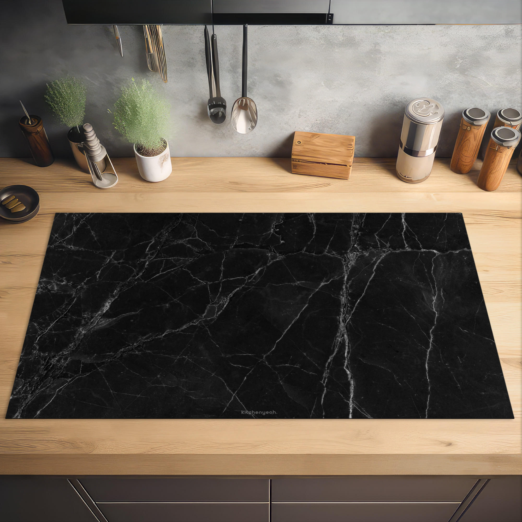 HERDABDECKPLATTE Schwarz - Marmor 91x52 cm - Schwarz, Kunststoff (91.2/0.2/52cm) - MuchoWow