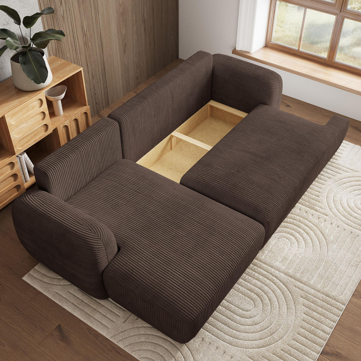 ECKSOFA MODENZA P L-S Braun Kordstoff mit Schlaffunktion - Braun, Holz (266/148cm) - MASSENO