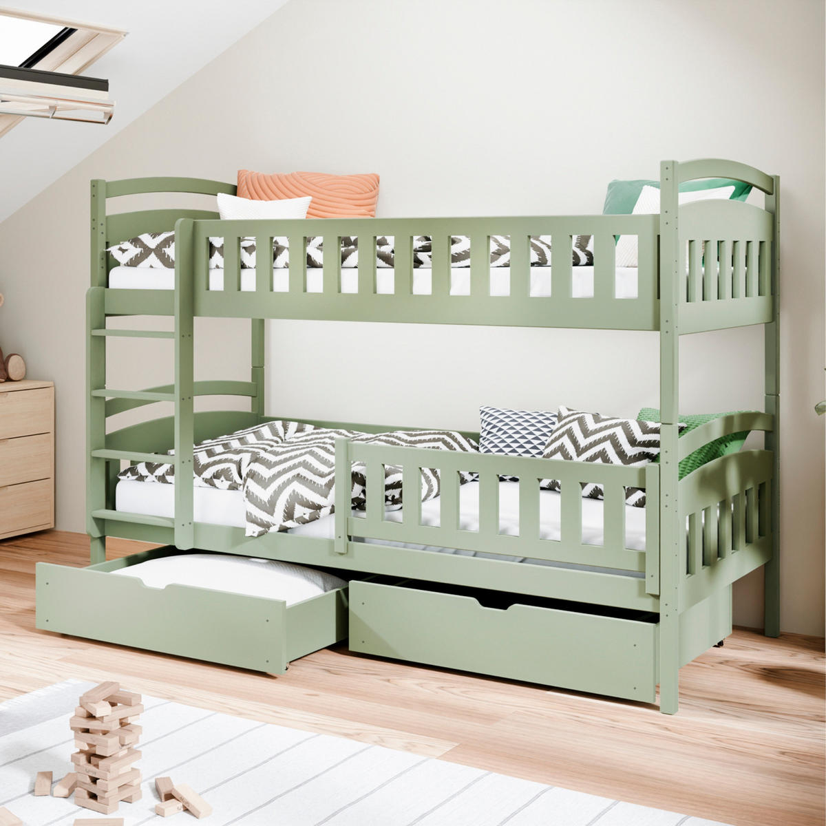 ETAGENBETT 90x200 cm mit zwei Schubladen in Olivgrün - Olivgrün, Holzwerkstoff (90/200cm) - Kids Collective