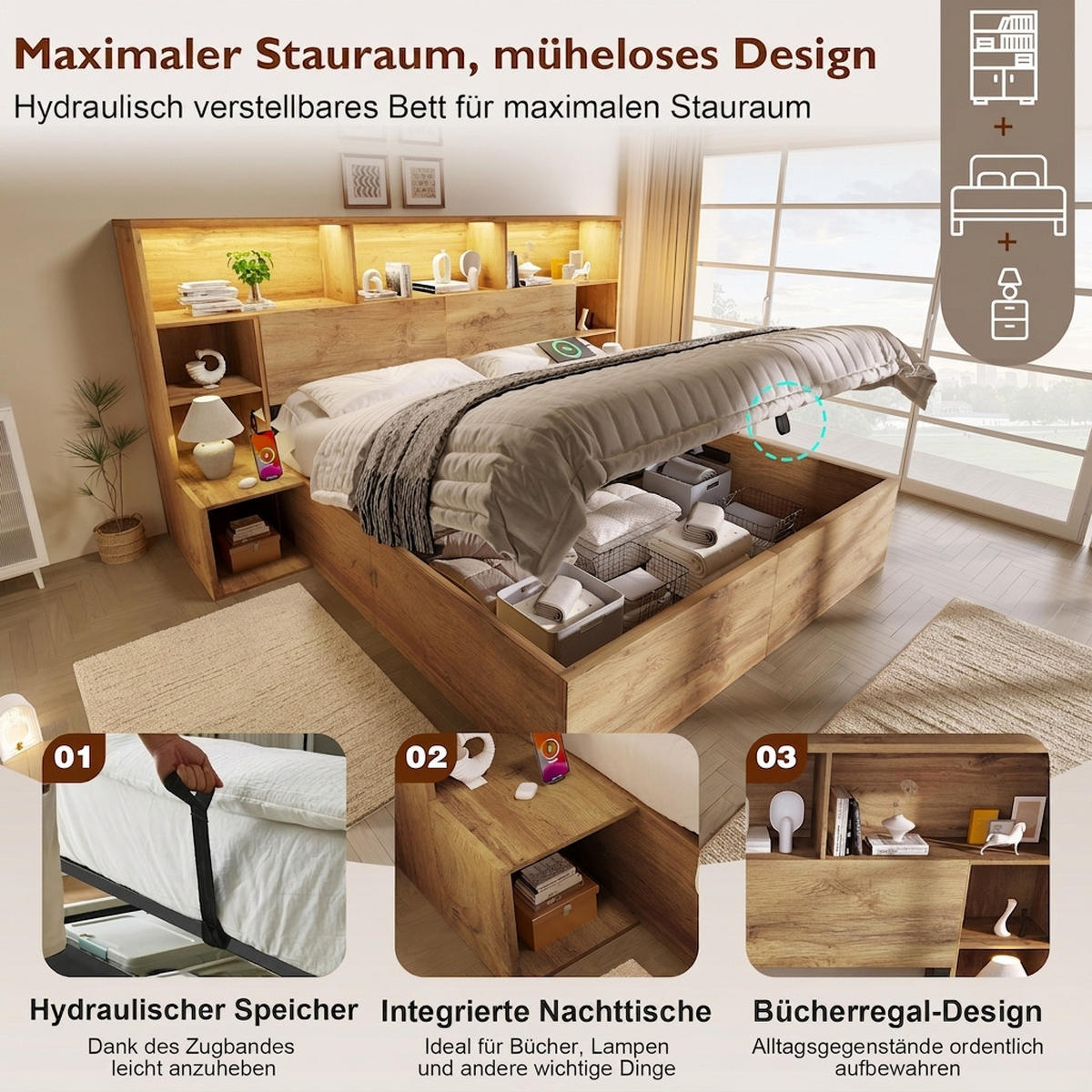 POLSTERBETT 180/200 cm Eiche mit integrierten Nachttischen, LED und USB-C, Ohne Matratze - Eichefarben, Holz (180/200cm) - Oxeza
