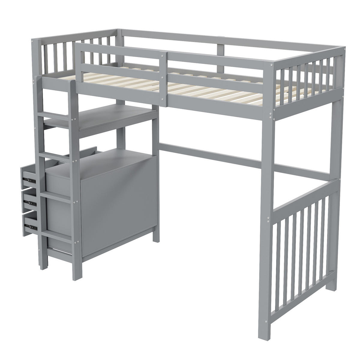 HOCHBETT 90/200 cm mit Sicherheitsleiter, 6 Schubladen, Regalen und Lattenrost aus Kiefern Holzwerkstoff, Grau - Grau, Holzwerkstoff (90/200cm) - Redom