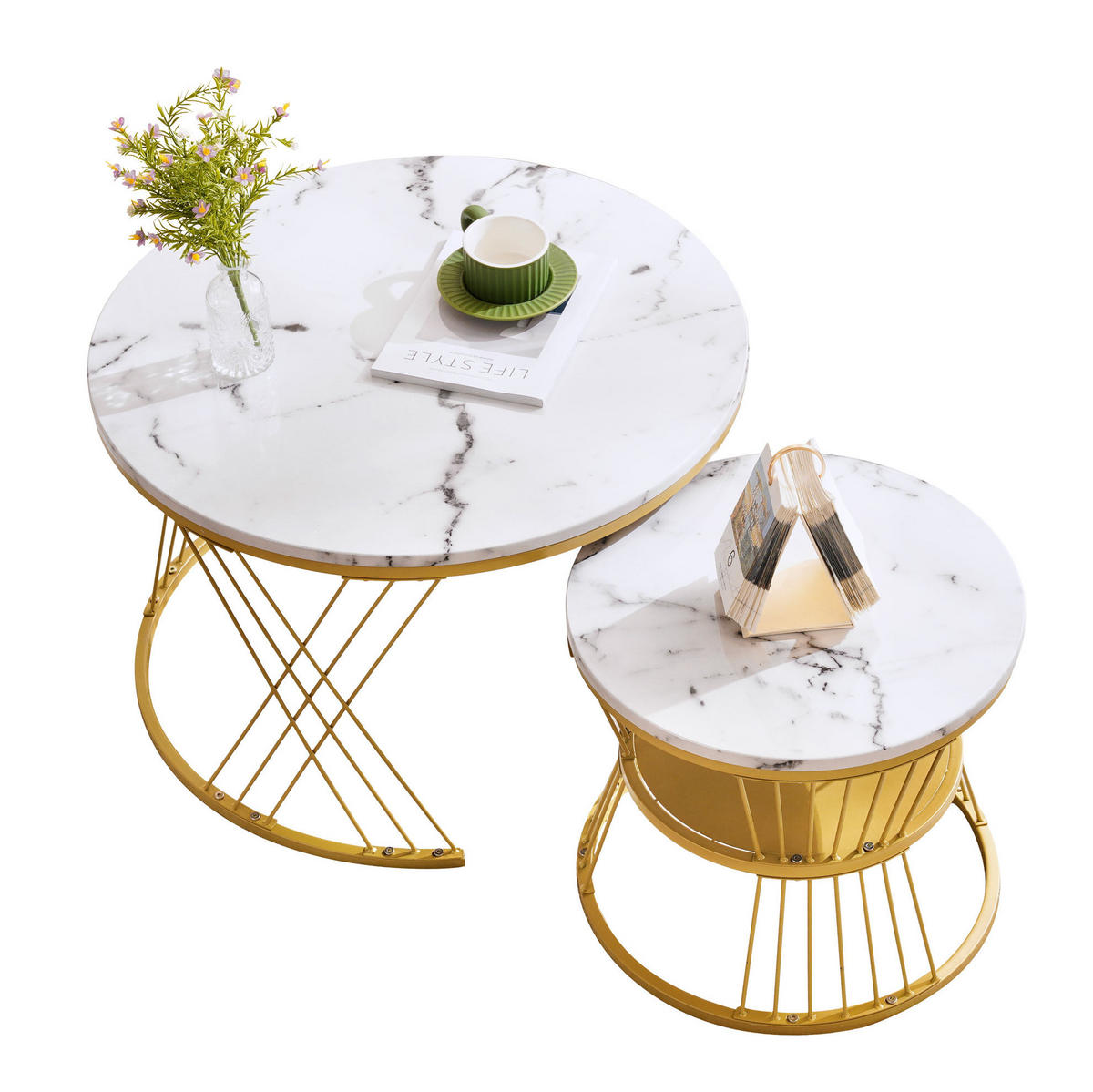 COUCHTISCH-SET 70/70/47 & 45/45/40 cm in Weiß mit Marmormuster und Goldoptik - Weiß, Holzwerkstoff (70/70/45cm) - Flora Grace
