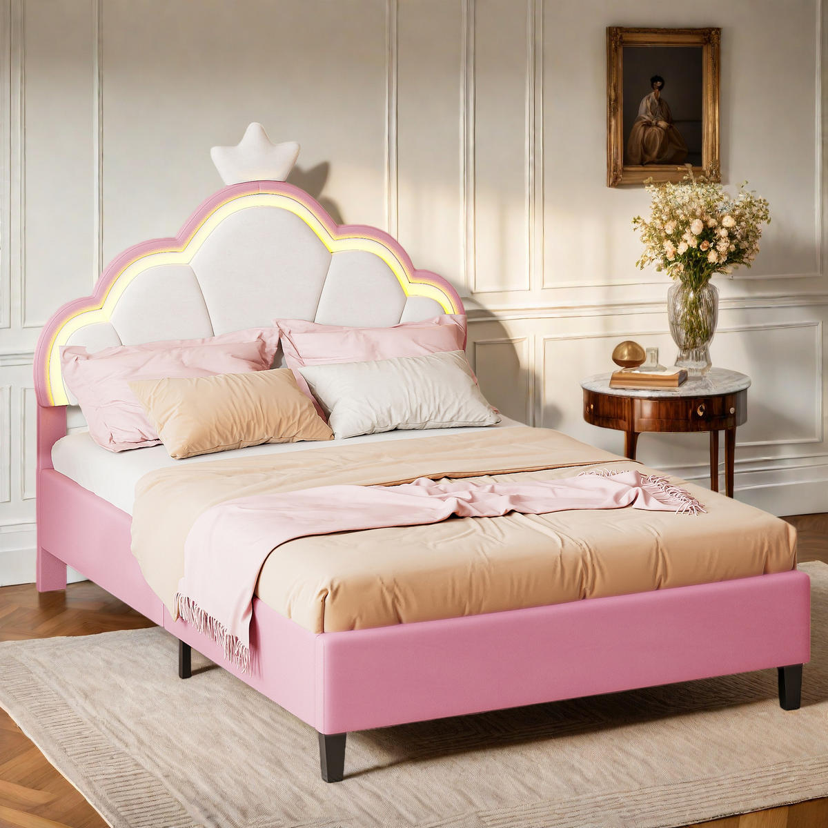 POLSTERBETT 90x200 cm Rosa Weiß Samt LED Krone Verstellbar - Pink, Holz (90/200cm) - SHOPENTRA