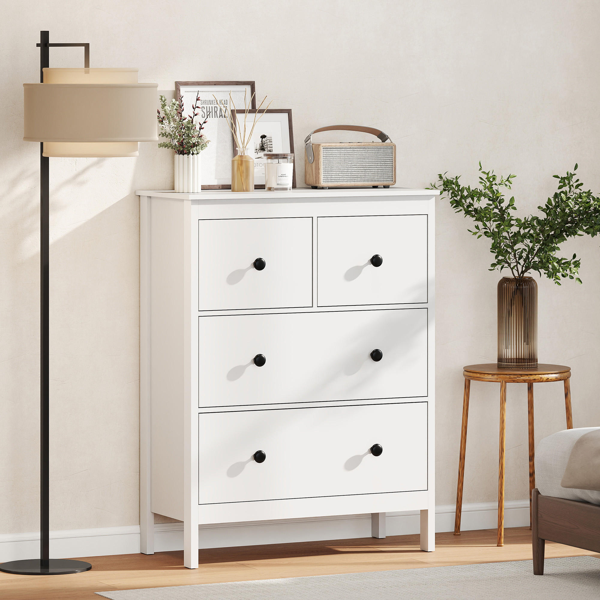 KOMMODE Moderner Sideboard mit 4 Schubladen für Wohnzimmer Weiß - Schwarz/Weiß, Holzwerkstoff/Kunststoff (35/97/74cm) - HOMCOM