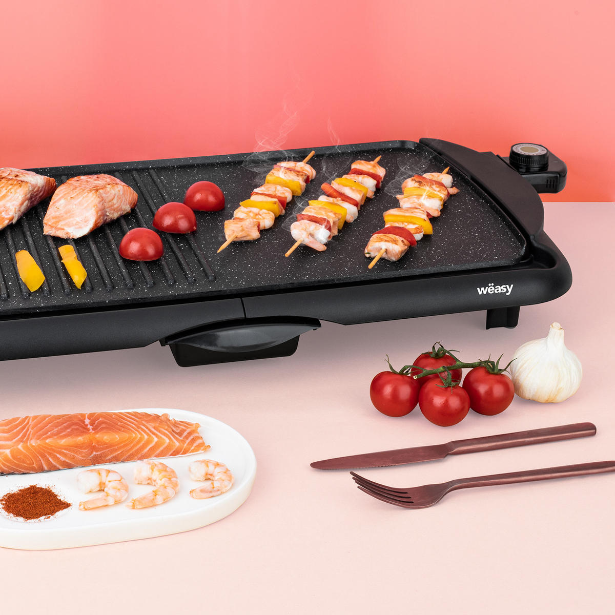 WËASY STO52 Elektro-Grillplatte - Schwarz, Stein (31/34/67.5cm) - Weasy