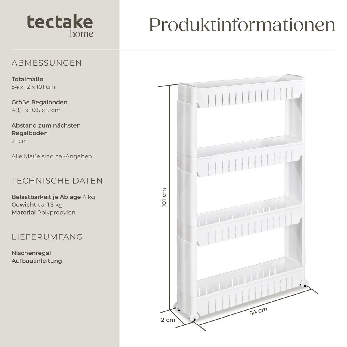NISCHENREGAL Joe, 54 x 12 x 101 cm , weiß - Weiß, Textil (12/101/54cm) - tectake