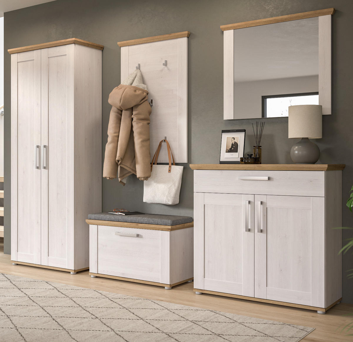 GARDEROBE Set 5-teilig weiß Lärche 285 cm, Komplettset im Landhaus-Stil - Silberfarben/Weiß, Glas/Holzwerkstoff (285/196/39cm) - Inn.Furn