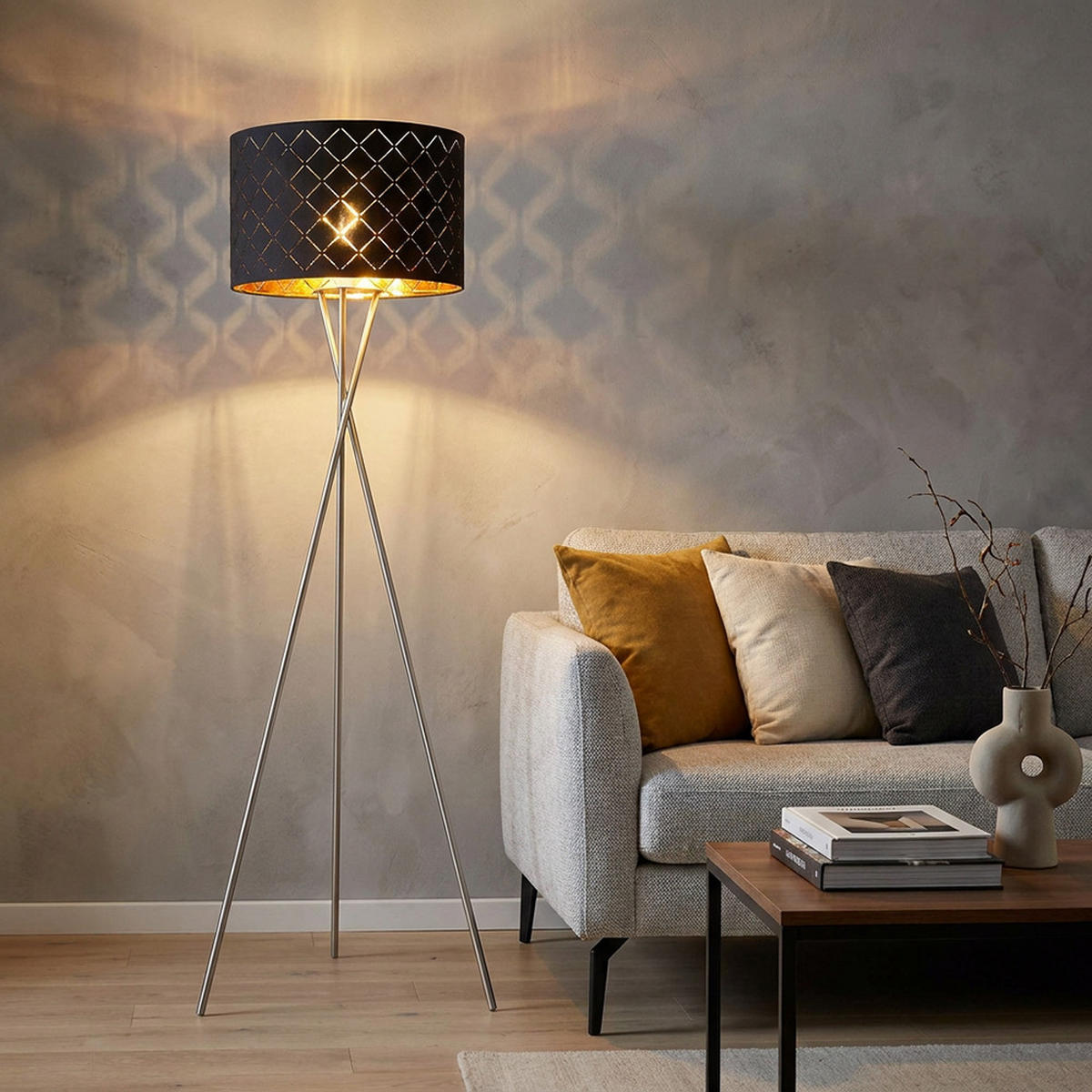 LED STEHLEUCHTE Metall Textil Schwarz Gold - Schwarz, Metall (62/62/160cm) - Globo Lighting