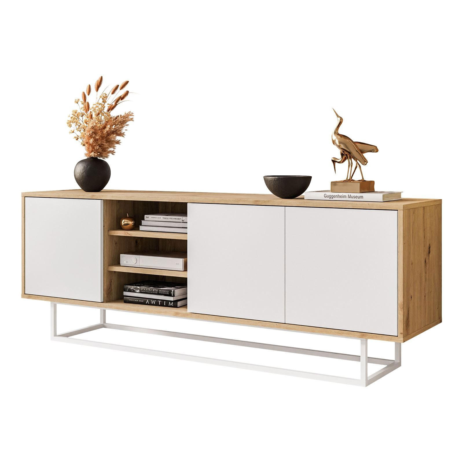 TV-ELEMENT SANAYI II mit Regalen Eiche Artisan/Weiß - Weiß, Holzwerkstoff (156/56/38cm) - Lookway
