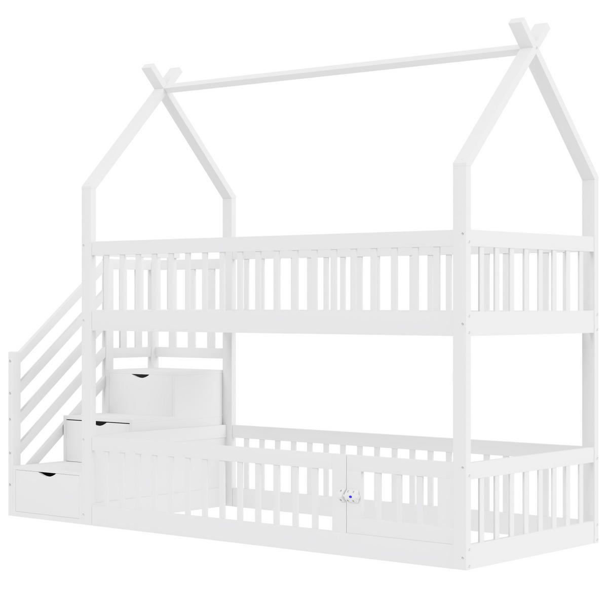 ETAGENBETT aus Massivholz 90x200 cm in Weiß mit Treppe & Schubladen - Weiß, Holz (90/200cm) - Modfu