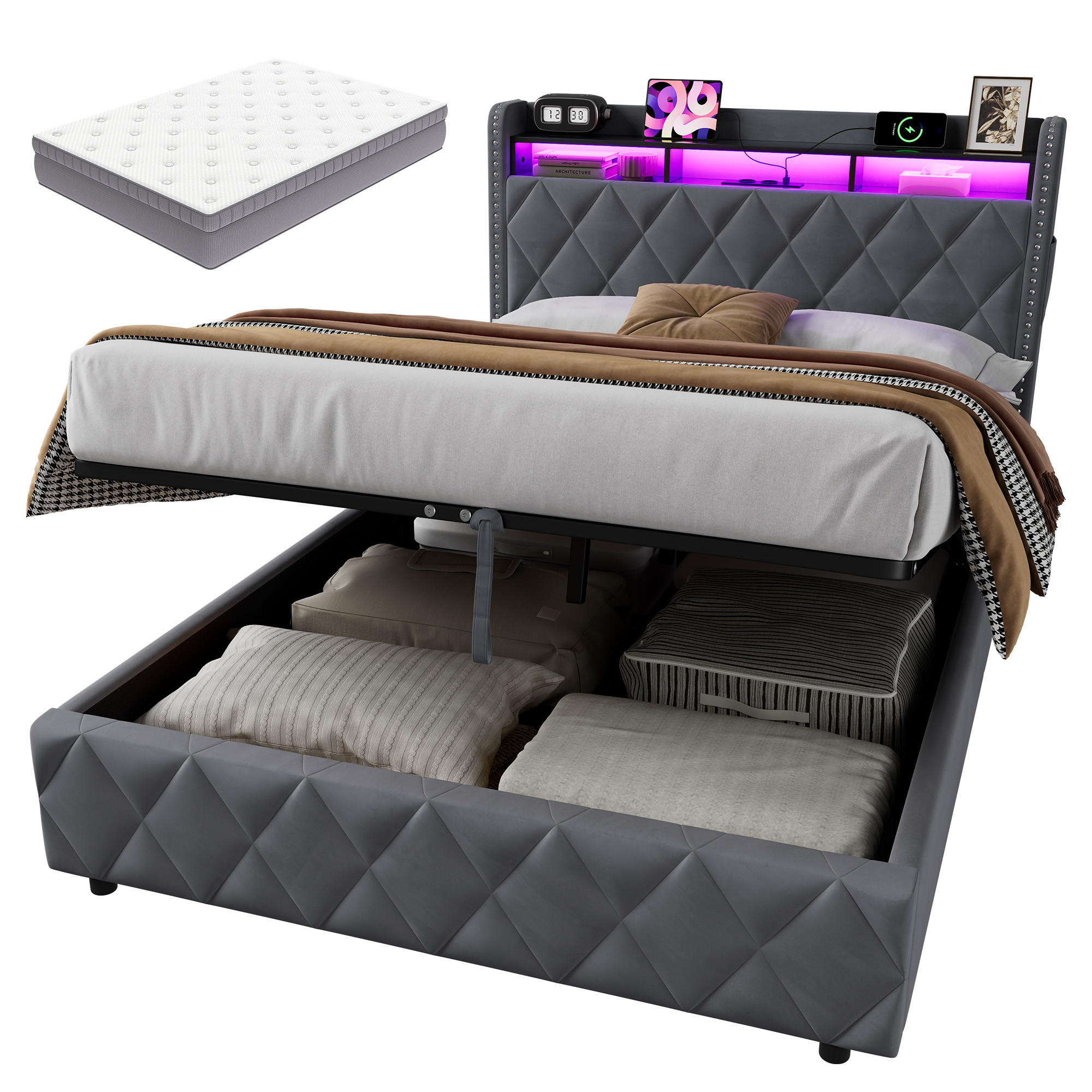 POLSTERBETT 140×200 mit LED-Beleuchtung, Bettkasten und Matratze - Grau, Holzwerkstoff/Textil (140/200cm) - EVRYAE
