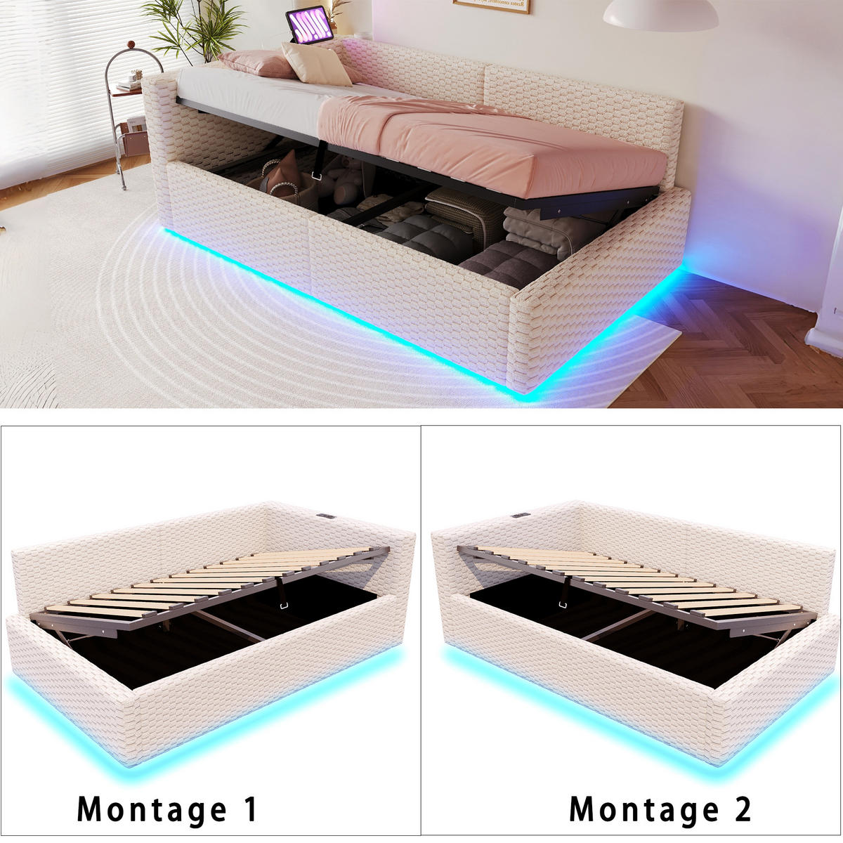 POLSTERBETT 90/200 cm Beige mit LED-Beleuchtung, USB-C-Anschluss und 2 USB-Anschlüssen - Beige, Textil (90/200cm) - Oxeza