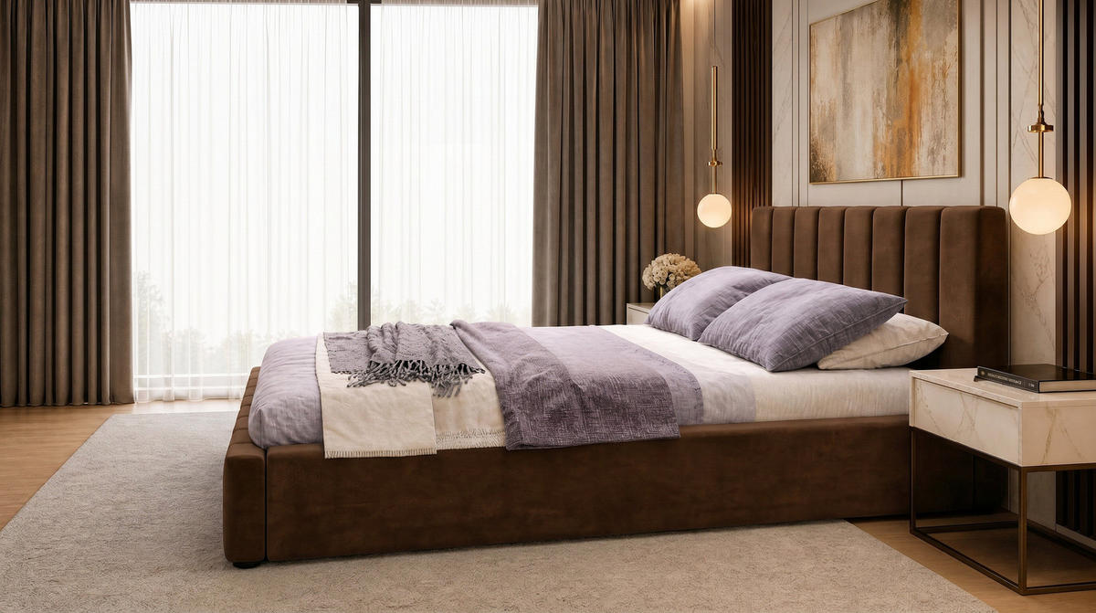 MARPUR Polsterbett NERO 180x200 cm mit Bettkasten und Lattenrost, Dunkelbraun - Chromfarben/Dunkelbraun, Holz/Holzwerkstoff (180/200cm) - Marpur