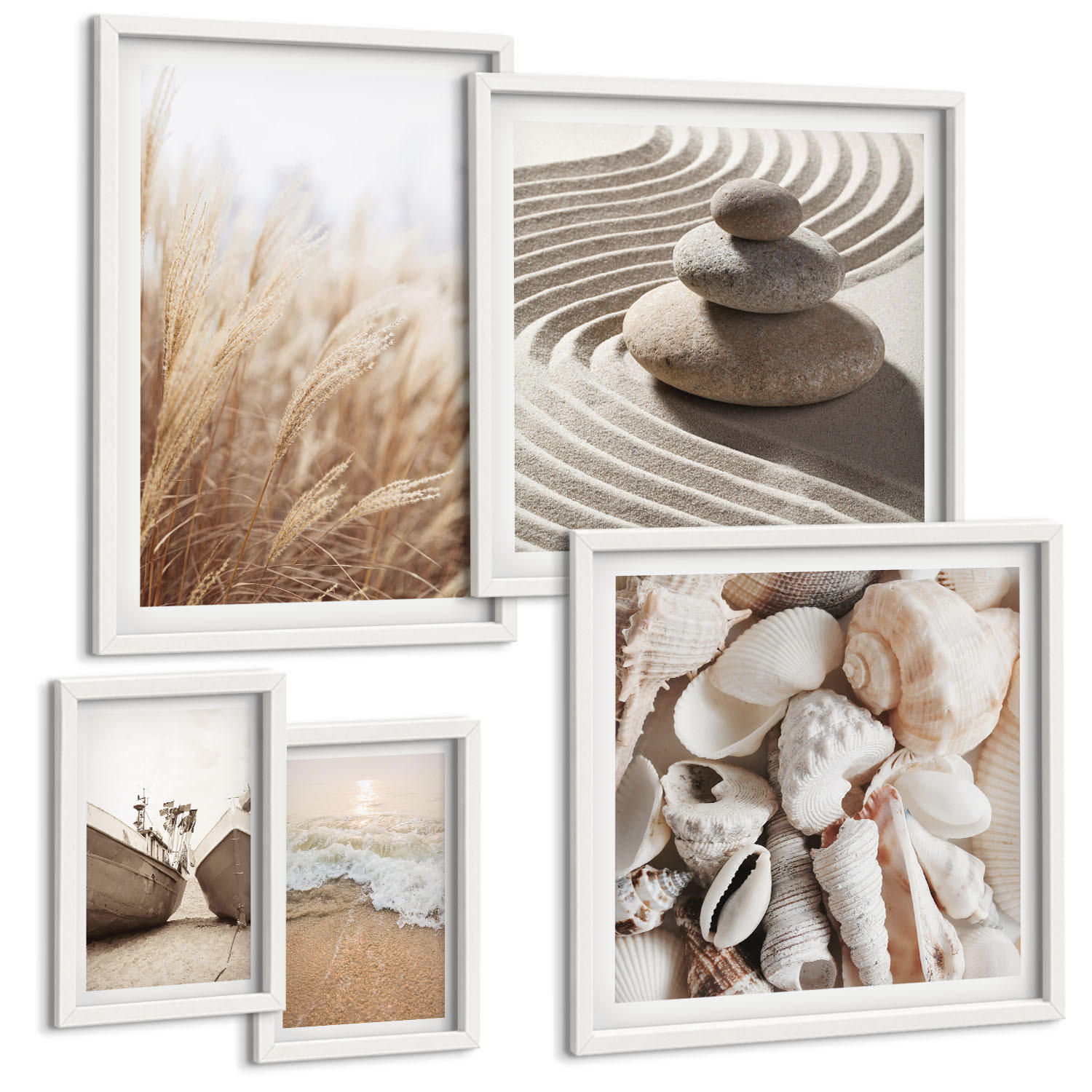 BILDER SET 5er Set - 50x50 cm & 20x30 cm & 40x60 cm Weißer Rahmen - Wolkenmeer, Traumfänger, Gras - Weiß, Kunststoff (40/60cm) - TULUP
