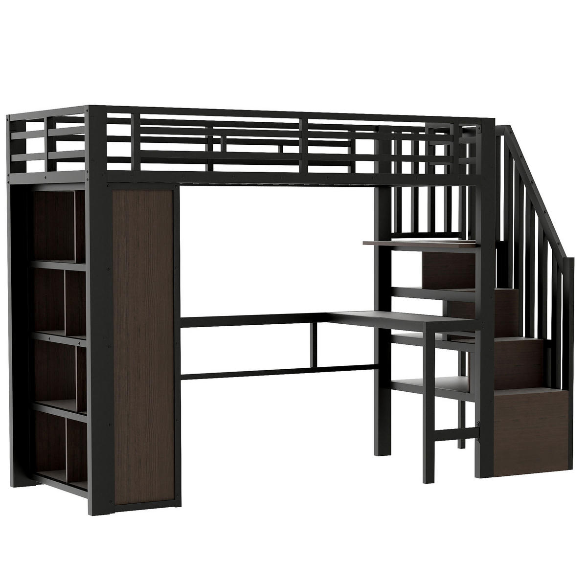 HOCHBETT 90/200 cm mit Schreibtisch, Regalen, LED-Lichtleiste und Stauraumtreppe, Schwarz - Schwarz, Metall (90/200cm) - Redom