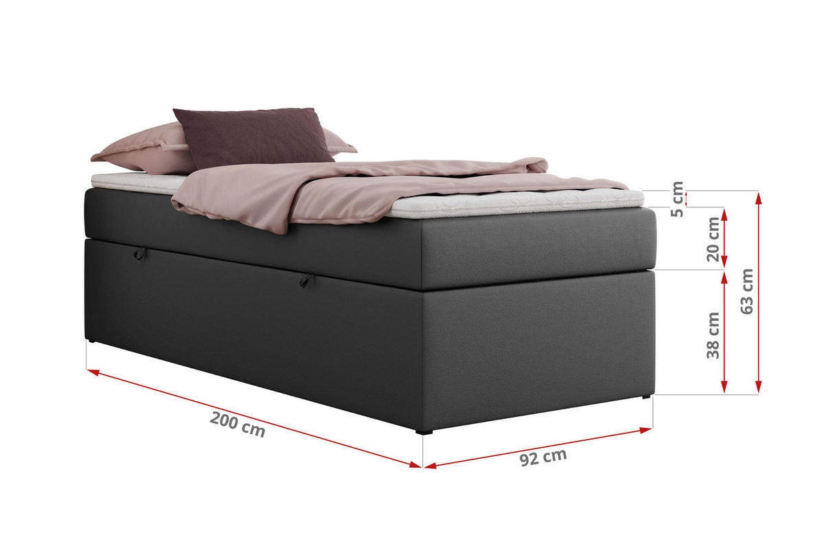 BOXBETT ZERO 90/200 - Dunkelgrau Kunstleder - H3 - Topper Visco - Dunkelgrau, Textil (90/200cm) - MKS