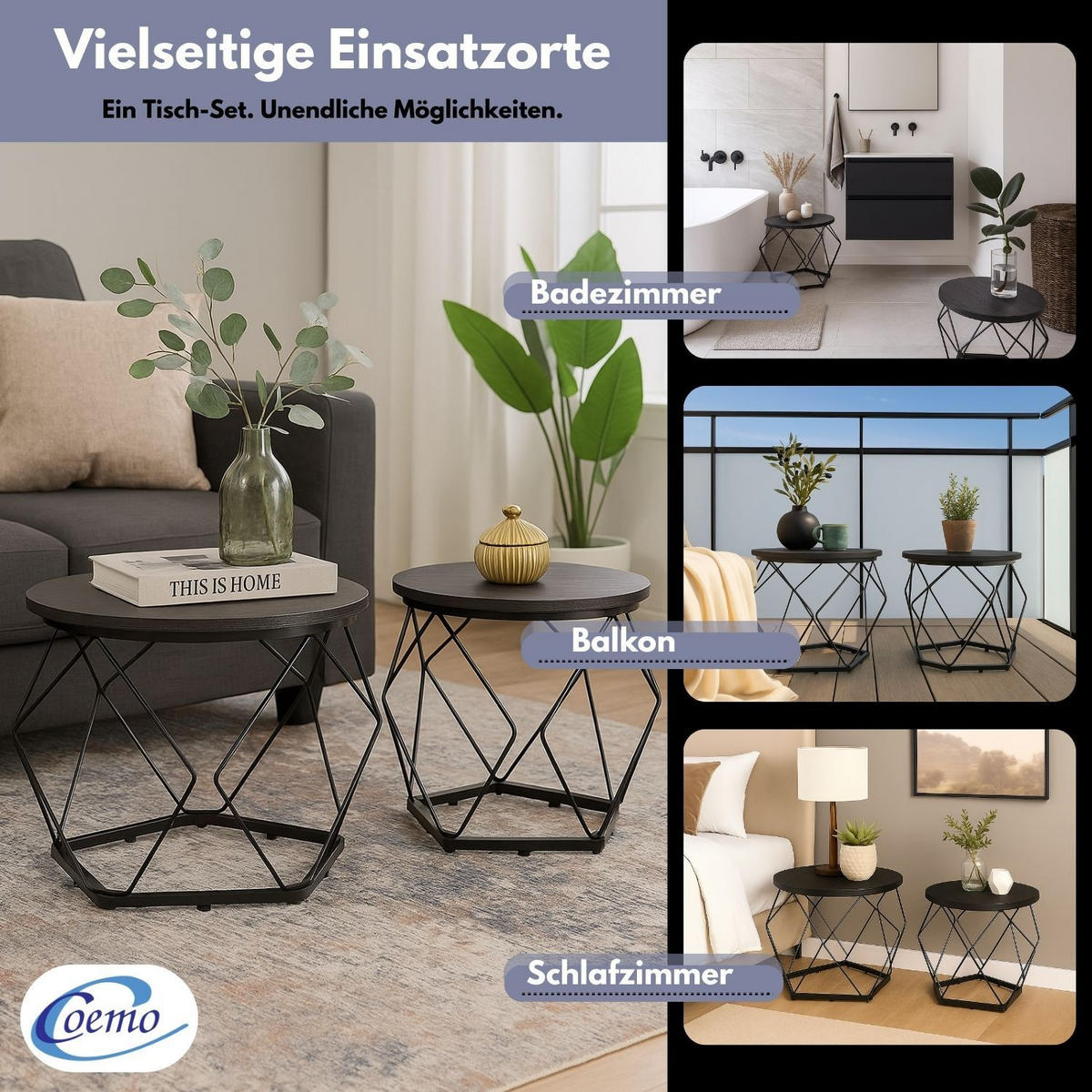 BEISTELLTISCH DUETT Schwarz 2er-Set Metall Ø 50 / 40 cm H: 40 / 36 cm - Schwarz, Metall (50/50/40cm) - Coemo