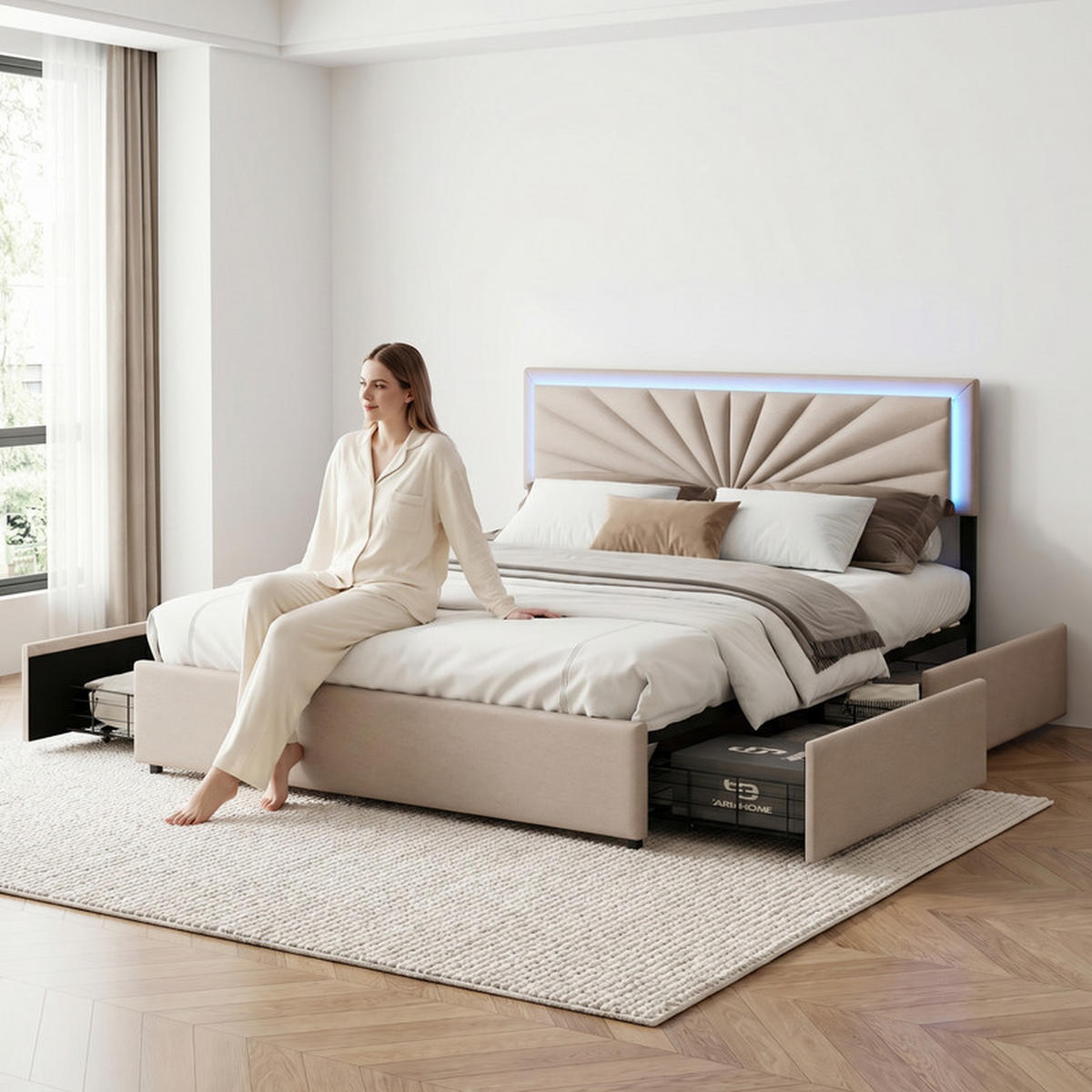 ČALÚNENÁ posteľ 160/200 cm béžová so zásuvkami a LED osvetlením - béžová, drevo - SHOPENTRA