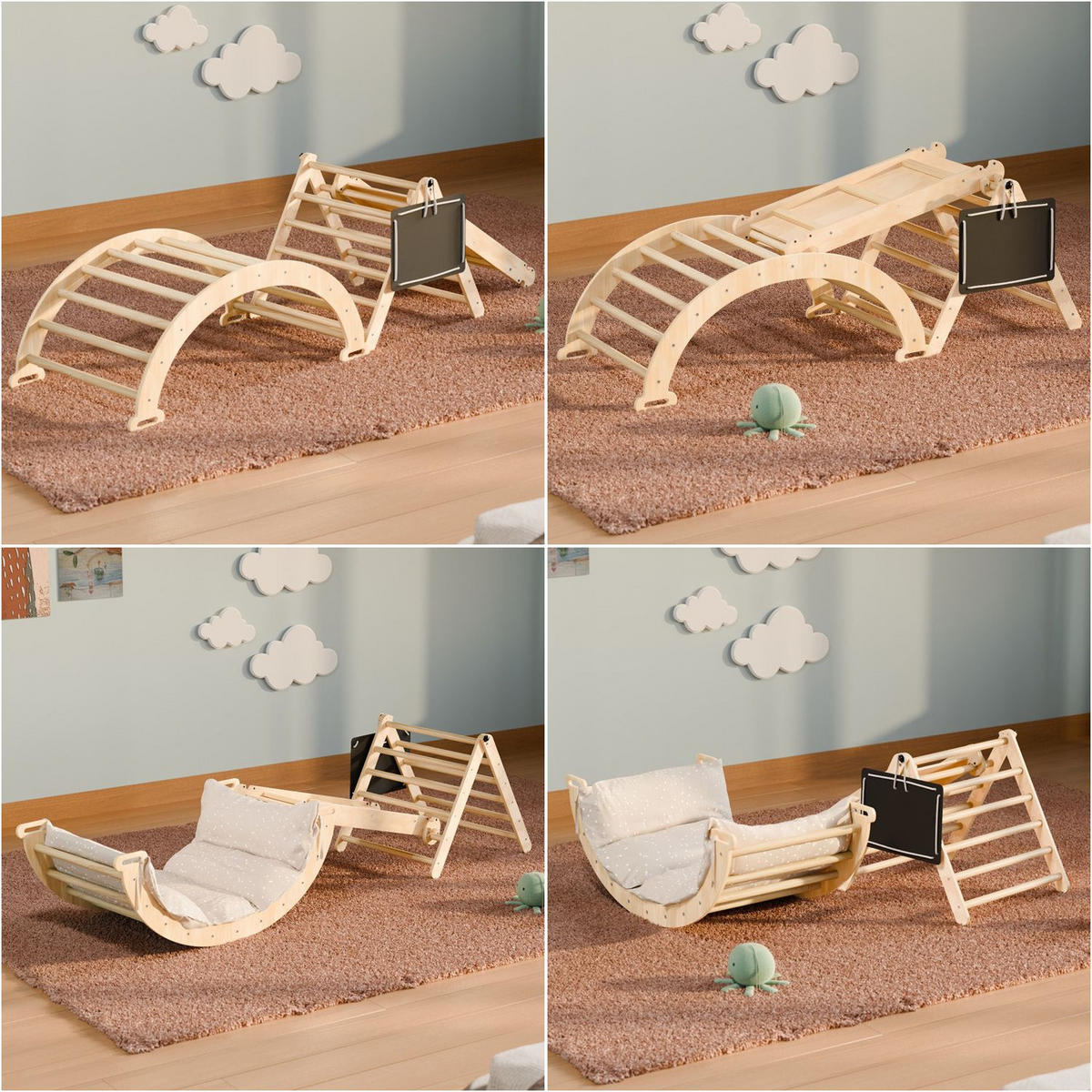 KLETTERDREIECK Movario mit Kissen 80x50cm - Klein - Naturfarben, Holz (54/55/54cm) - Juskys