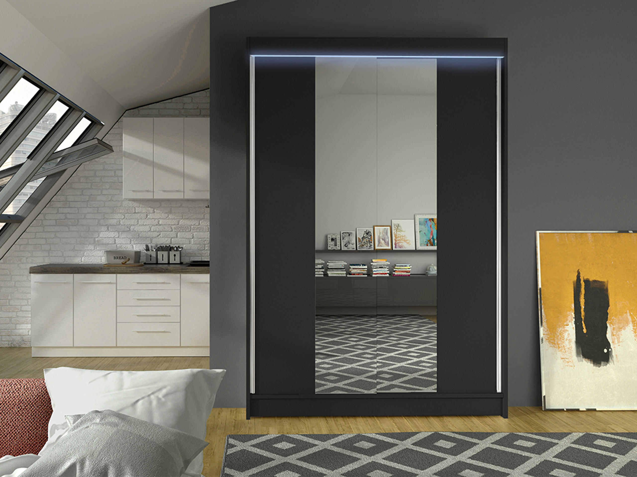 SCHWEBETÜRENSCHRANK Lino II mit RGB LED Beleuchtung - Schwarz, Holzwerkstoff/Metall (120/200/58cm) - MIRJAN24