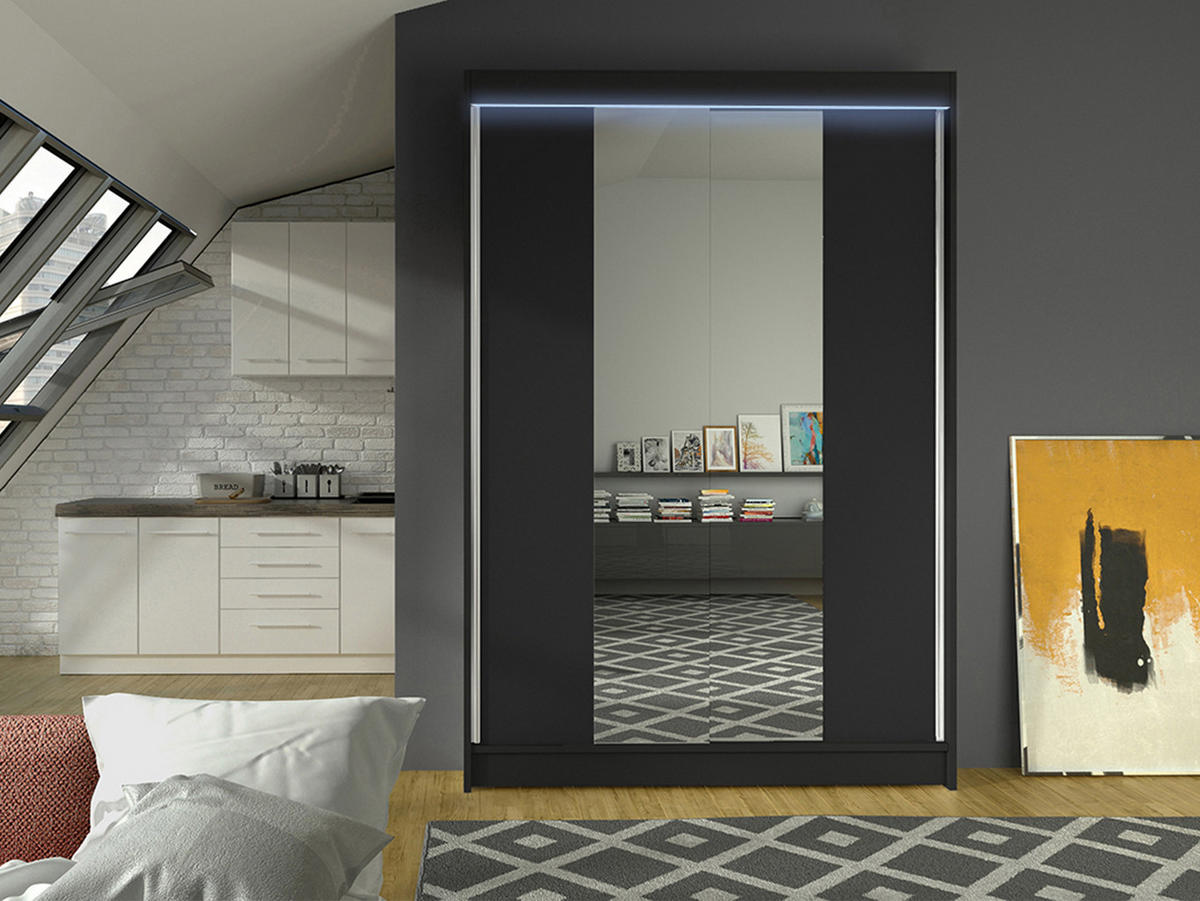 SCHWEBETÜRENSCHRANK Lino II mit RGB LED Beleuchtung - Schwarz, Holzwerkstoff/Metall (120/200/58cm) - MIRJAN24