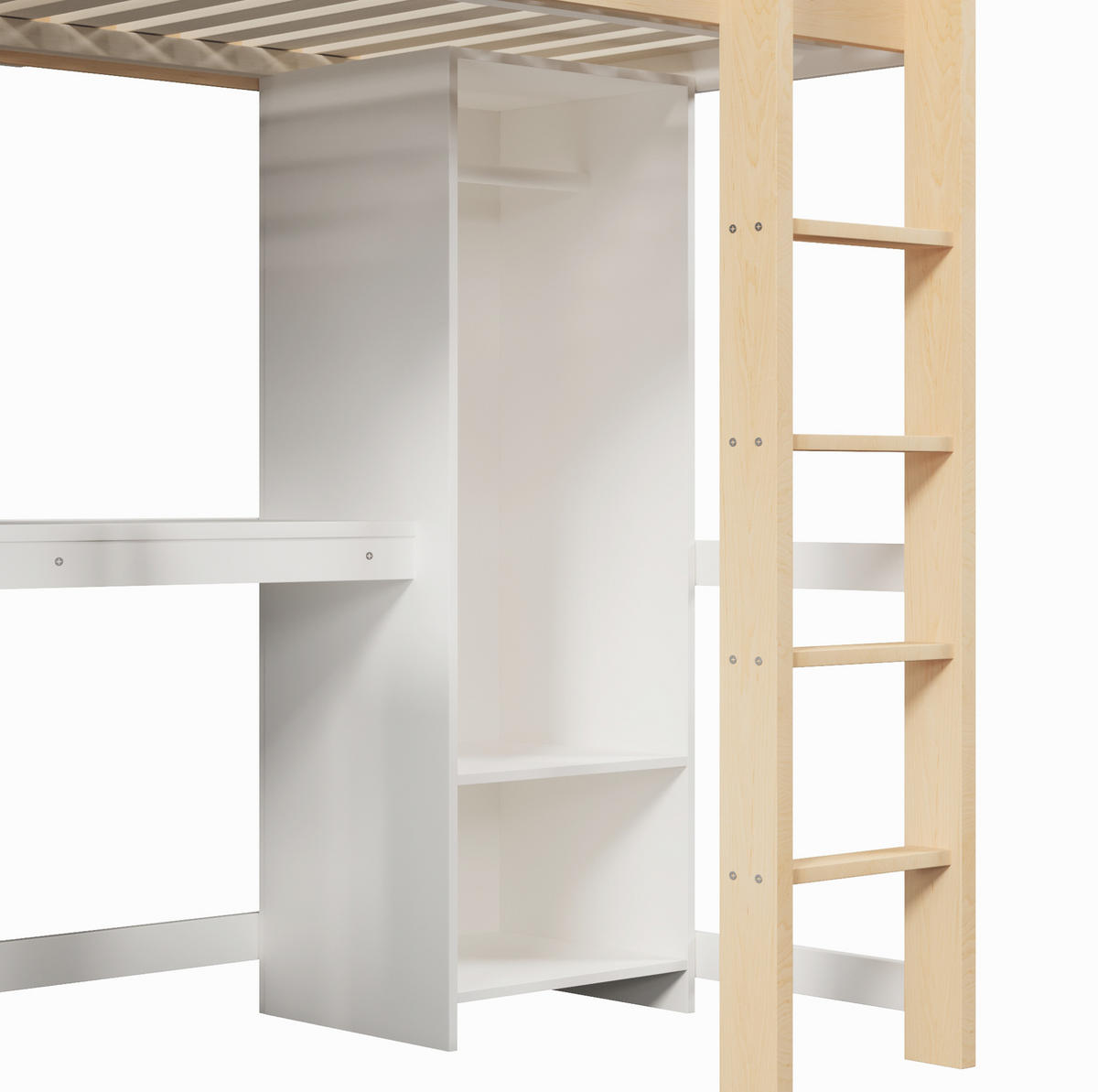 HOCHBETT 90/200 cm, Natur mit Schreibtisch, Regalen, Kleiderschrank, ohne Matratze - Weiß, Holz (90/200cm) - MIVRAY
