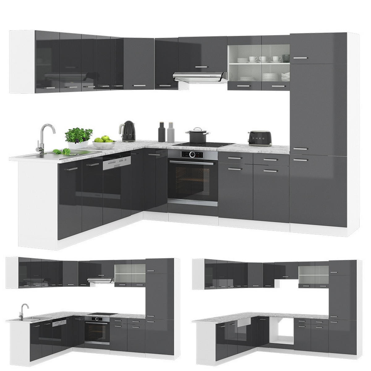 ECKKÜCHE R-Line, Anthrazit Hochglanz/Weiß, 287 x 227 cm ohne Arbeitsplatte - Schwarz Hochglanz/Weiß, Holzwerkstoff (287/81.6/46cm) - Vicco