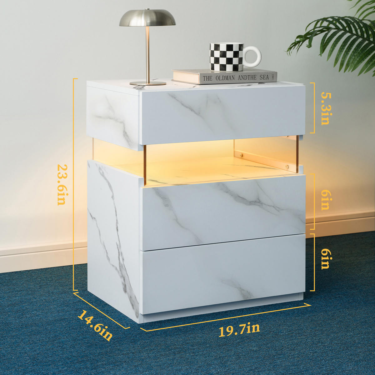 NACHTTISCH 48/38/61 cm mit LED-Beleuchtung und 3 Schubladen in Mattweiß - Weiß, Holzwerkstoff (38/61/48cm) - BEAOK