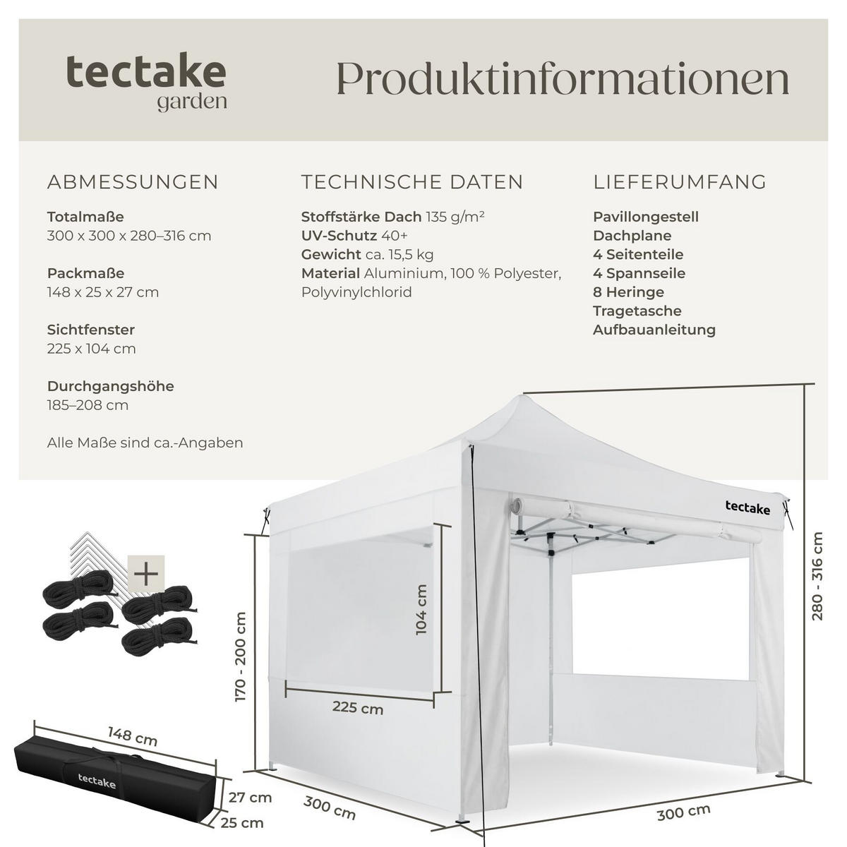 FALTPAVILLION aus Aluminium Olivia, inklusive Spannseilen, Heringen und Tragetasche, weiß - Weiß, Kunststoff (300/280/300cm) - tectake