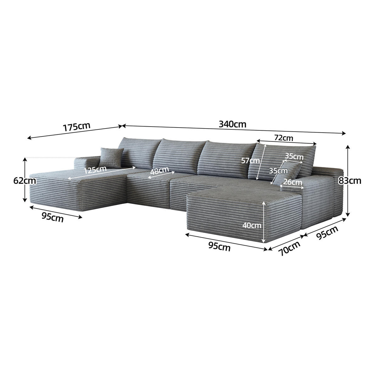 WOHNLANDSCHAFT DE-34857 U-Form 3-Sitzer Chaiselongue links Grau - Grau, Textil (175/83/270cm) - ComfortXL