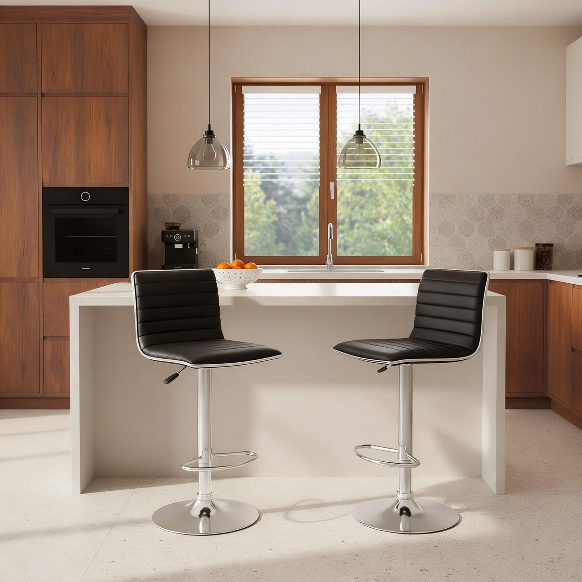 BARHOCKER 2er Set Johannes, Sitzhöhe 60 - 81 cm, schwarz - Schwarz, Leder/Textil (40/109/38cm) - tectake