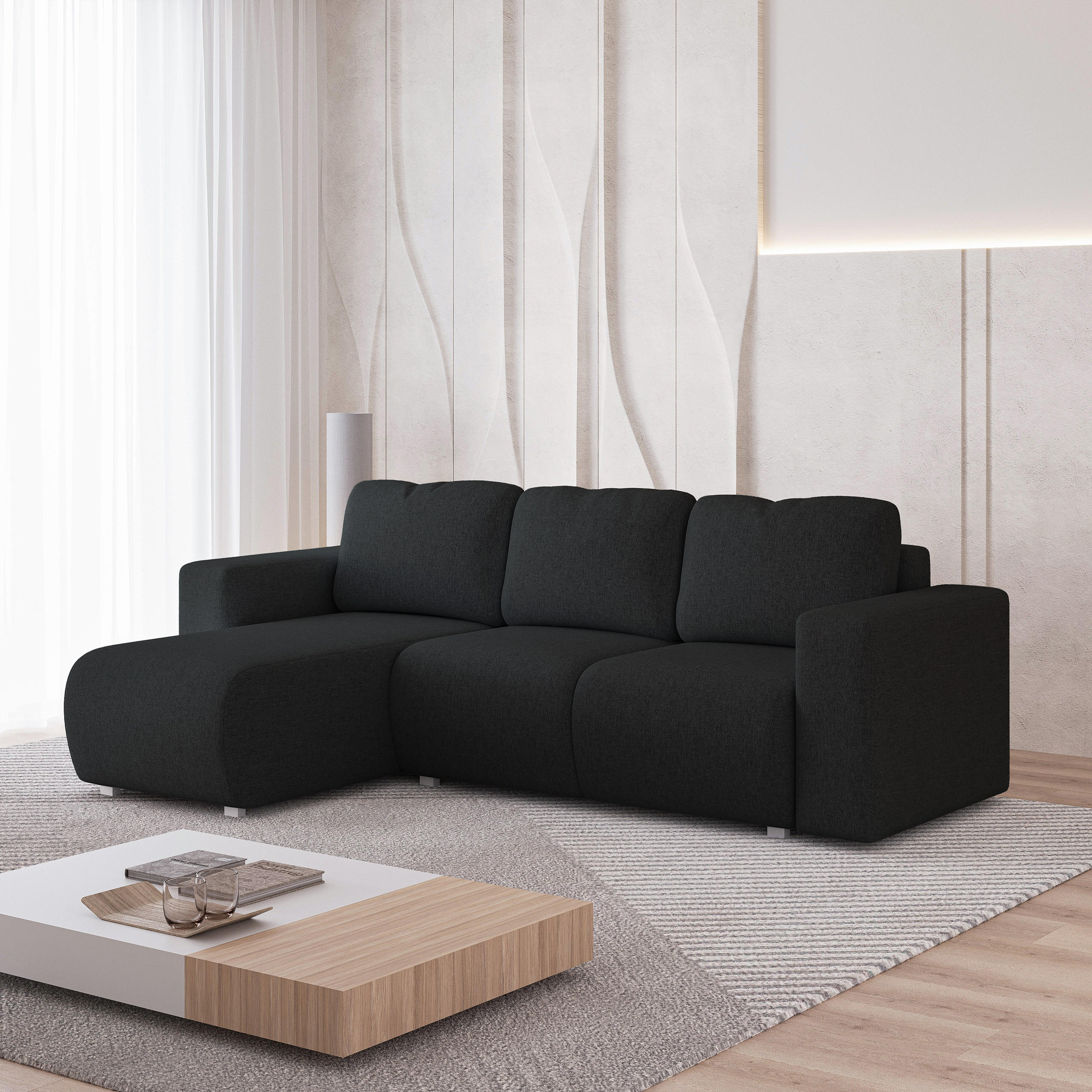 ECKSOFA RINOVA Schwarz Geflochtener Stoff mit Schlaffunktion - Schwarz, Holz (250/143cm) - MASSENO