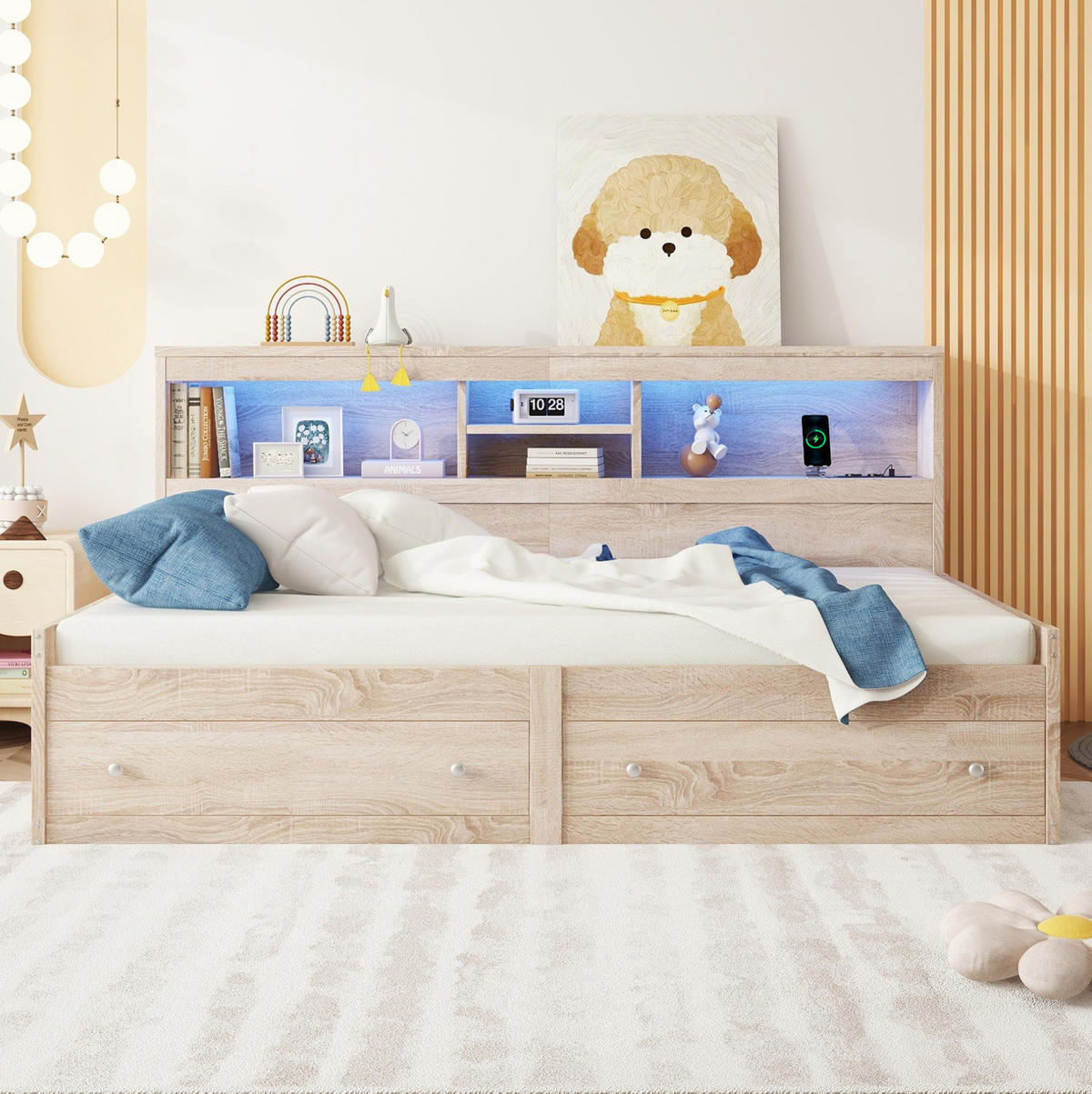 POLSTERBETT aus Spanplatte & MDF 90x200 cm in Natur mit LED & USB-Ladebuchsen - Naturfarben, Holzwerkstoff (90/200cm) - Modfu