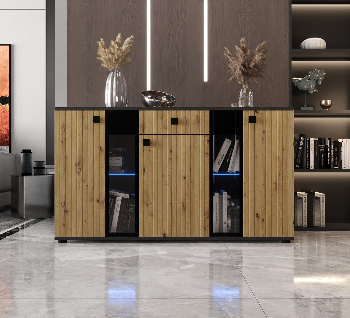 KOMMODE London LSMK LAMELE mit 3 Türen, Sideboard in Farbe: Braun|Schwarz, Größe: 140 x 80 x 40 cm - Schwarz/Braun, Holzwerkstoff (140/80/40cm) - O-Sofa