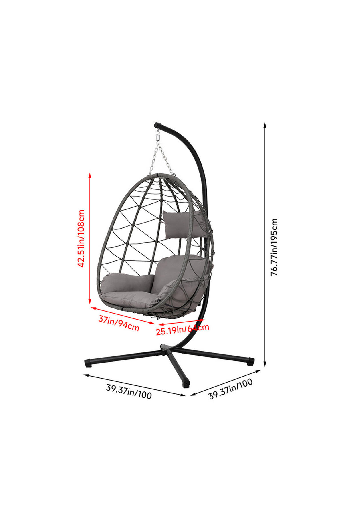 HÄNGESESSEL mit Gestell und Kissen aus Stahl PE-Rattan Polyester in Braun Schwarz Mittelgrau100 cm x 100 cm x 195 cm - Grau, Metall (100/195/100cm) - Livingandhome