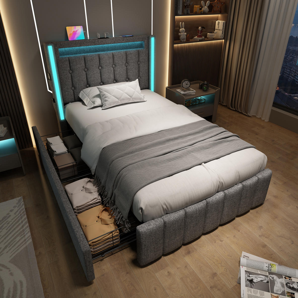POLSTERBETT 90/200 cm Grau aus Leinen mit LED-Beleuchtung, Ladefunktion und 2 Schubladen - Grau, Textil (90/200cm) - OKMYHOME
