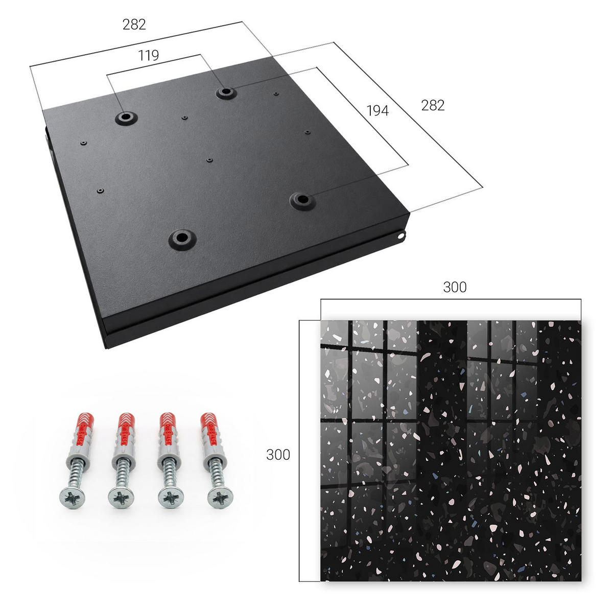 SCHLÜSSELBOX Schwarz 30x30 cm- Türöffnung nach rechts - Schwarzer Terrazzo - Schwarz, Metall (30/30/5cm) - TULUP