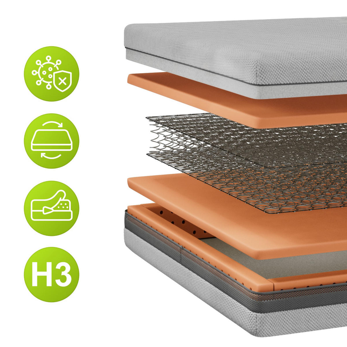 FEDERKERNMATRATZE TOVA - 180/200 - H3 - Apri - Multicolor, Textil (180/200cm) - MKS